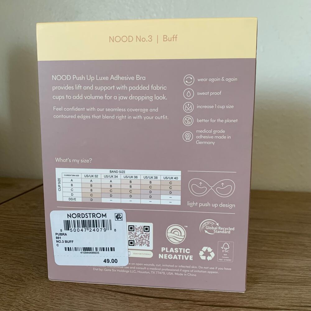 NIB NOOD Push-Up Luxe Adhesive Bra Size C Cup Padded Backless Strapless Reusable - Picture 3 of 6